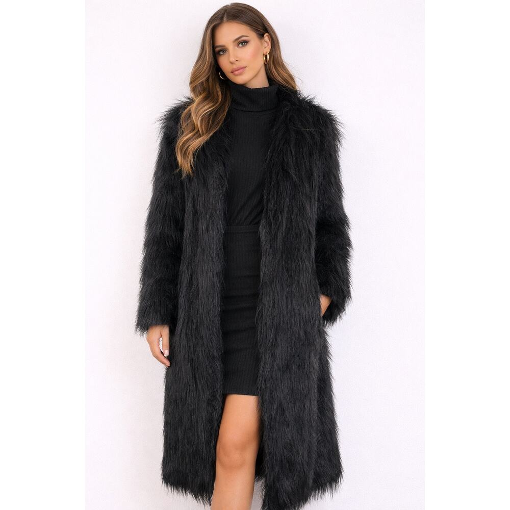 AIXIRUI ELEGANT FAUX FUR BLACK LONG LENGTH COLLARLESS COAT. SIZE M